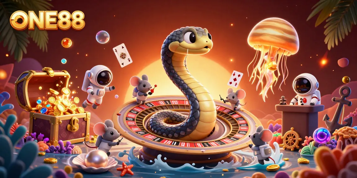 Experience thrilling bets with ONE88 in a vibrant cosmic casino scene featuring unique characters.