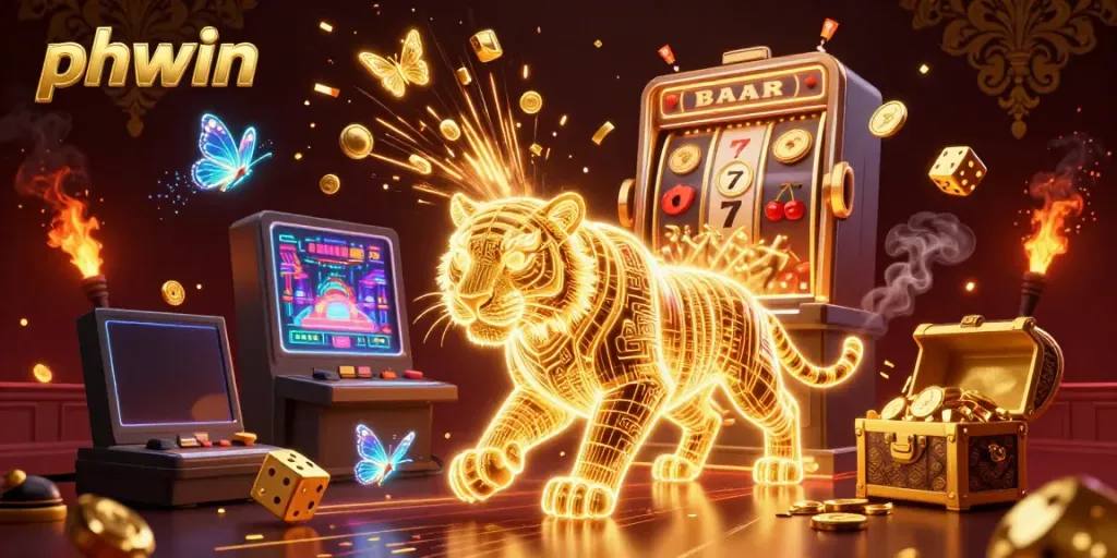 Engage in thrilling gaming with phwin's vibrant digital casino scene, featuring a golden tiger and jackpot rewards.