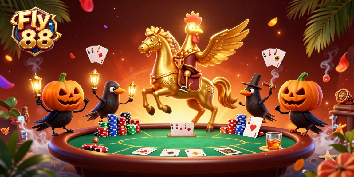 Experience the excitement of Fly 88 as a golden rooster plays poker in a vibrant midnight casino scene.