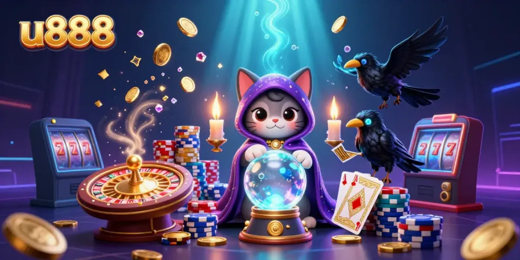 Engage with thrilling u888 casino action featuring a mystical cat, glowing raven, and dynamic gaming elements.