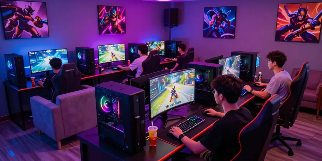 Không gian chơi game F168 với ánh sáng neon và thiết bị hiện đại.