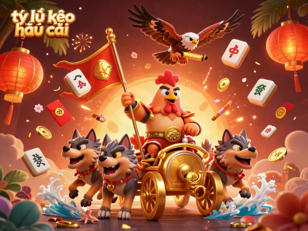 Betting on tỷ lệ kèo nhà cái for sports events, featuring a rooster warlord and festive elements