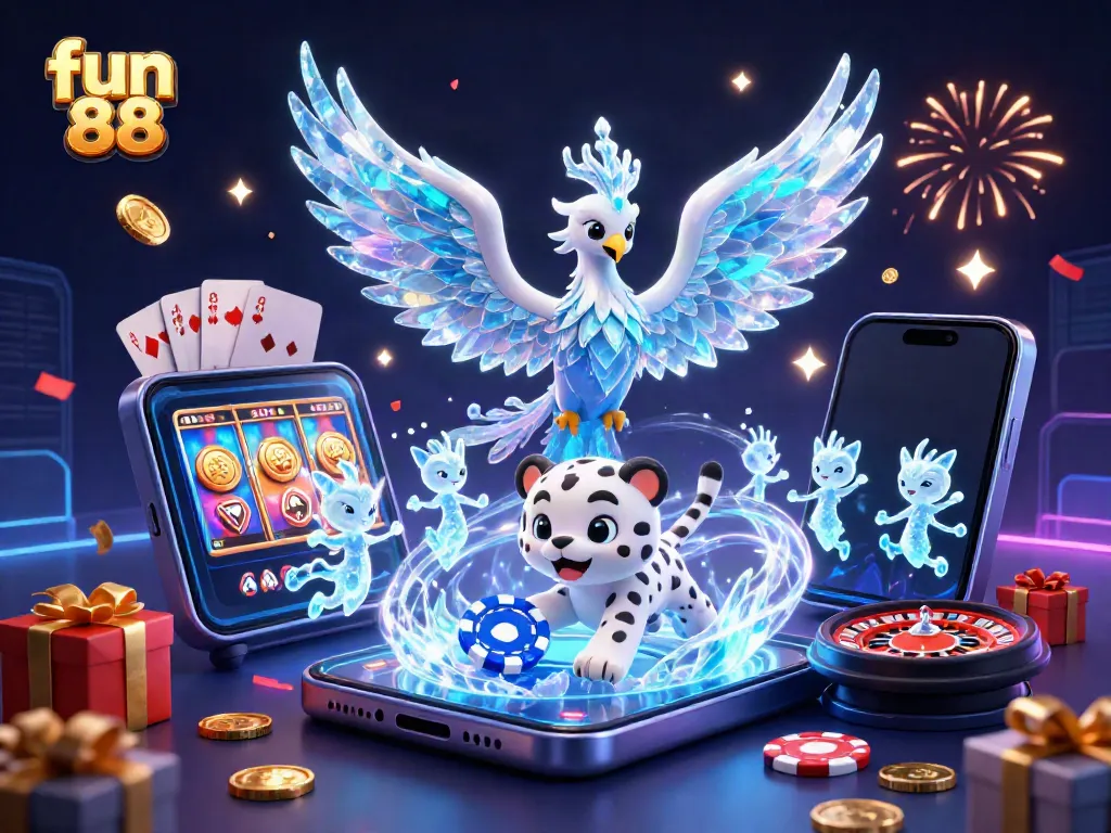 Engage in fun 88 at an exciting casino scene with a playful snow leopard cub and a dazzling ice phoenix.