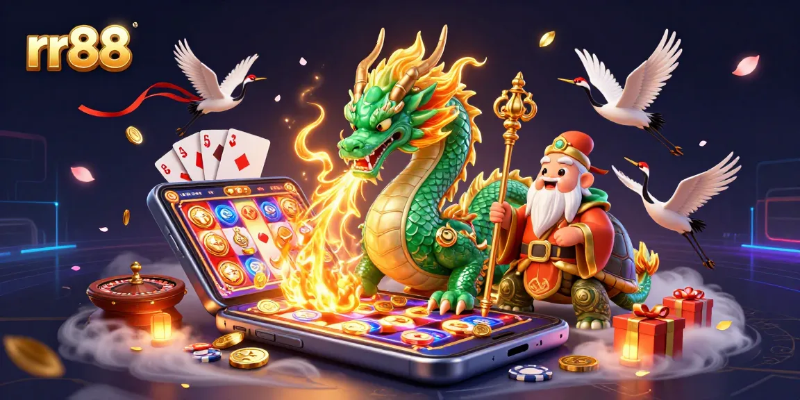 Experience rr88's magical world, featuring a jade dragon, turtle sage, and vibrant casino elements.
