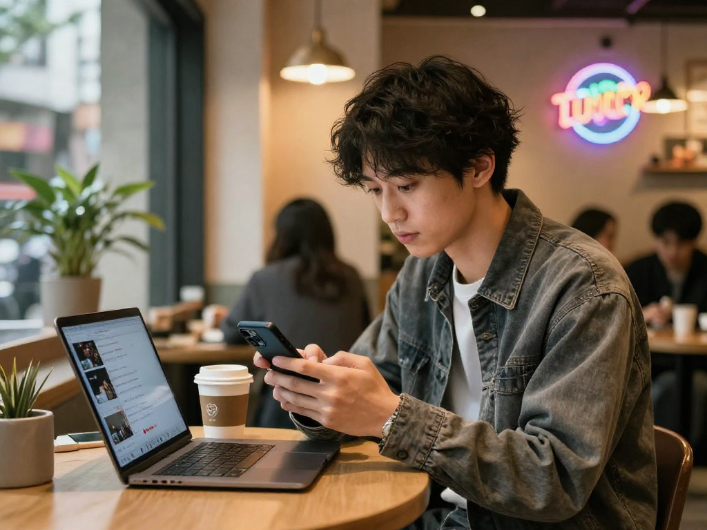 インスタ 日本人 男性 フォロワー 購入に関するトレンドを示す若い男性がカフェでスマートフォンを使用している様子