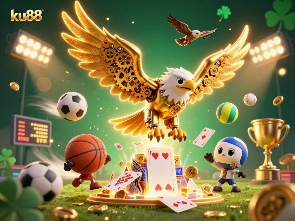 Engage with ku88 casino dynamics illustrated with vibrant eagle and sports betting elements.