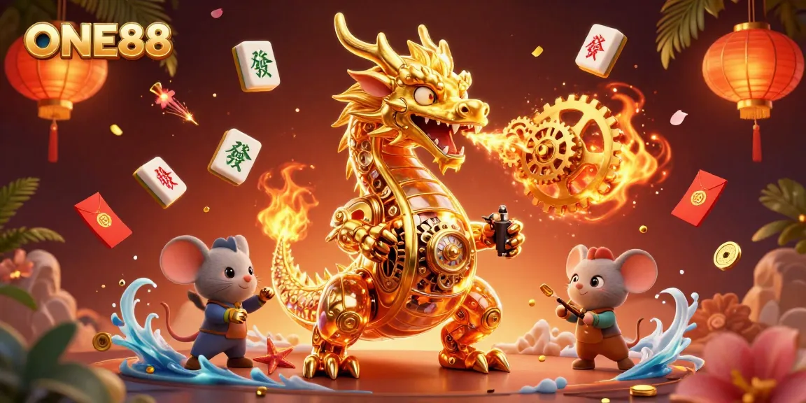 Experience ONE88's thrilling atmosphere with a golden dragon and vibrant casino elements in a packed 3D scene.