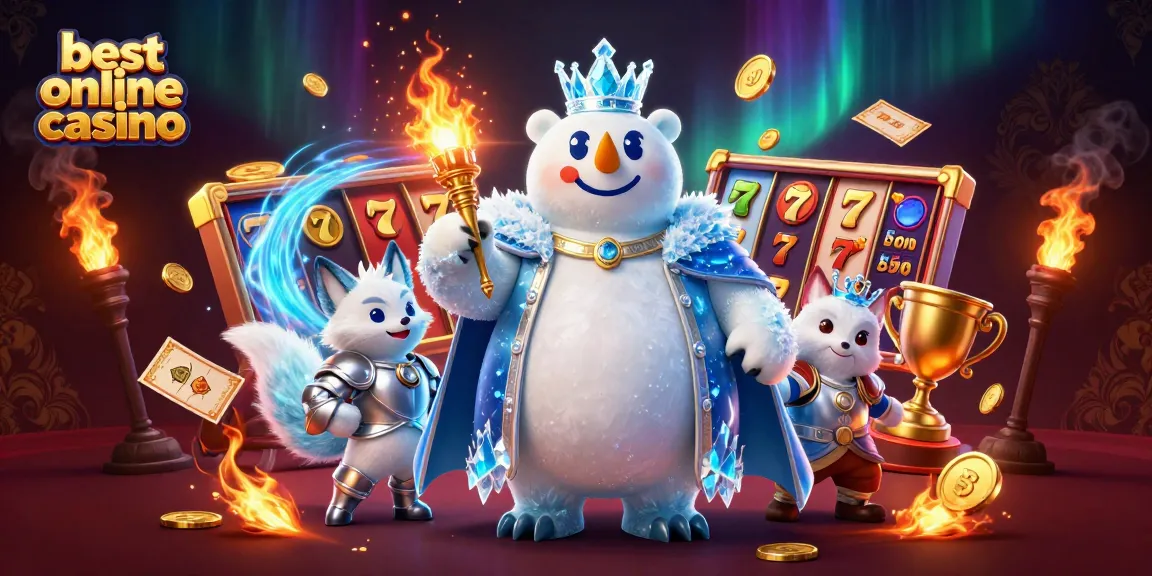 Experience the best online casino with a magical polar bear and snow fox in a vibrant, dynamic 3D scene.