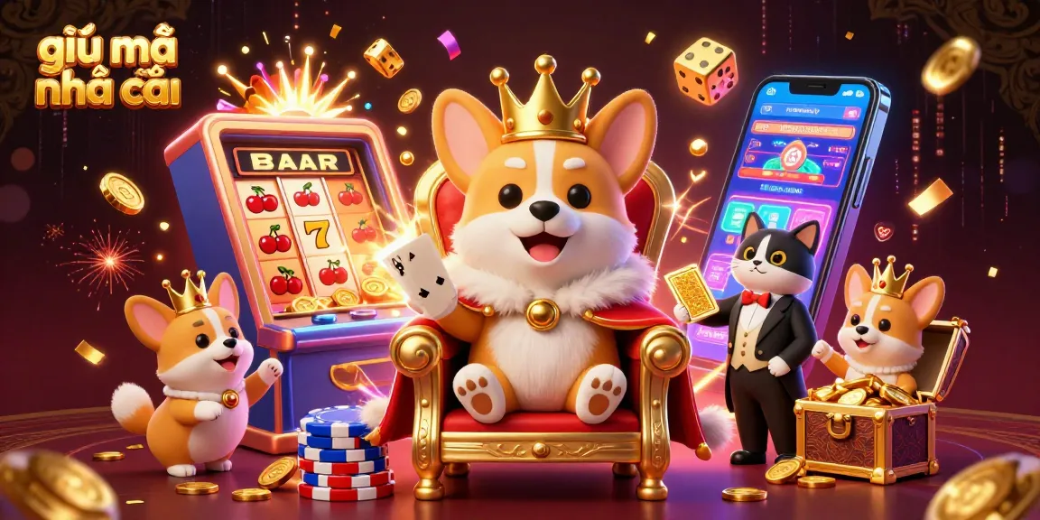 Experience the thrill of gambling with giải mã nhà cái in a vibrant, animated casino scene featuring royal corgis and dynamic game elements.