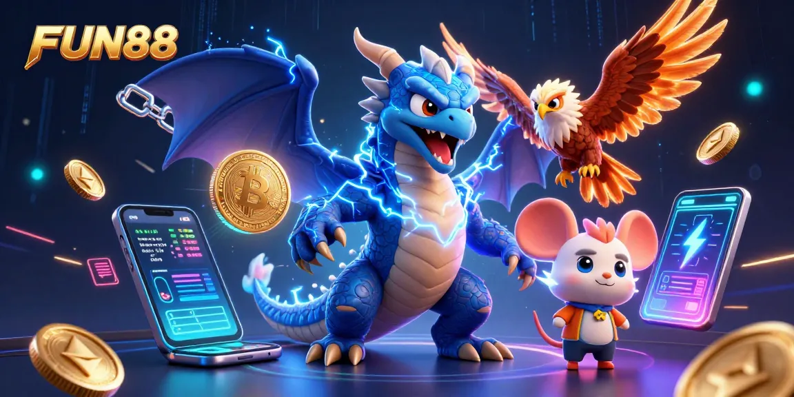 Experience FUN88's thrilling casino games with dynamic 3D characters in a vibrant scene.