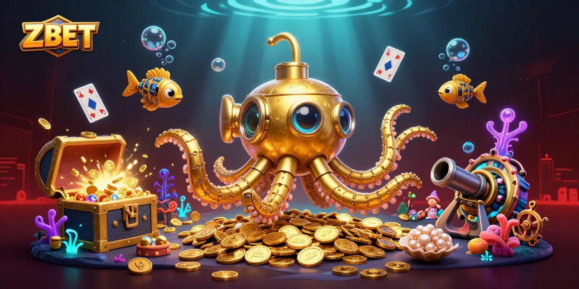 ZBET players win with a golden kraken submarine amid treasure, highlighting vibrant gaming excitement.