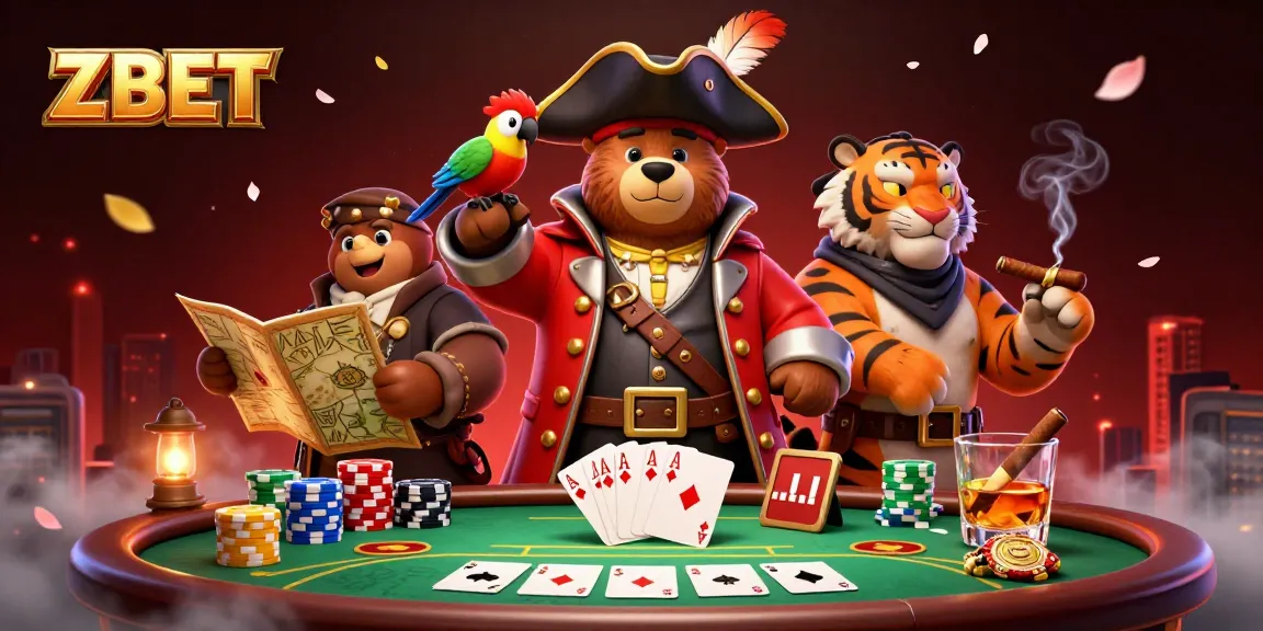 ZBET engages players with a vivid poker scene featuring a pirate bear captain, tiger, and parrot.