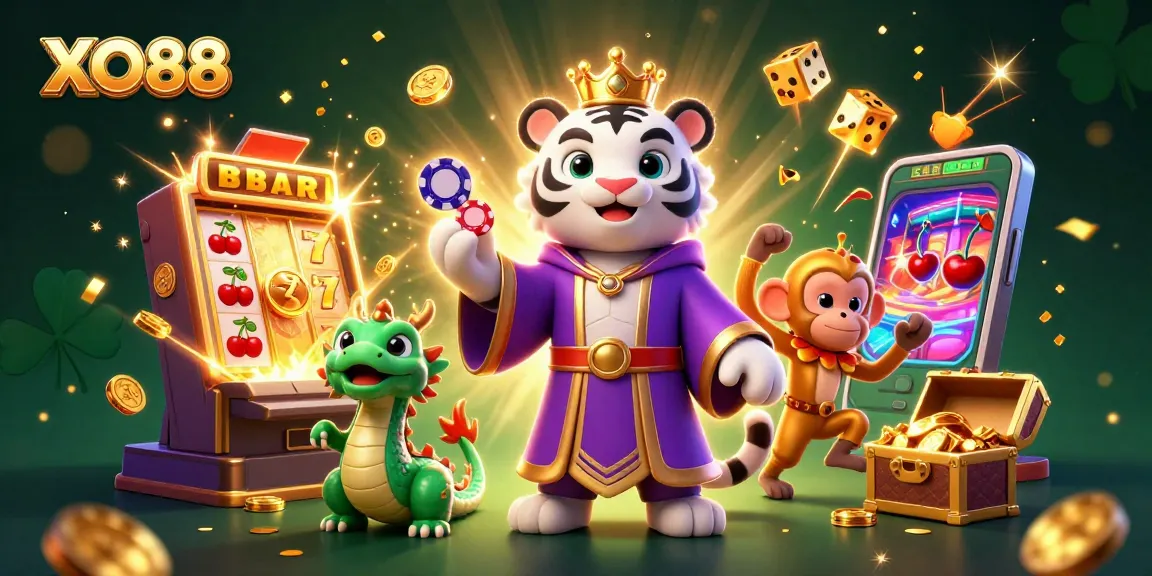 Experience the excitement of XO88 with a vibrant scene featuring a majestic tiger and playful monkey amidst casino elements.