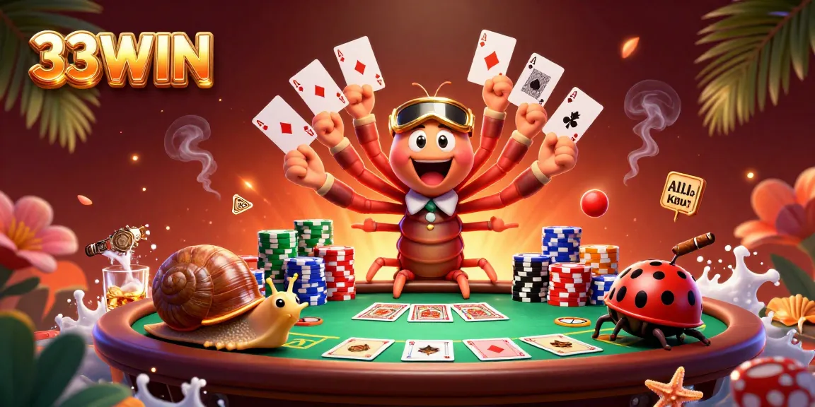 Experience thrilling gameplay at 33WIN with a dynamic 3D casino scene featuring vibrant characters and poker elements.