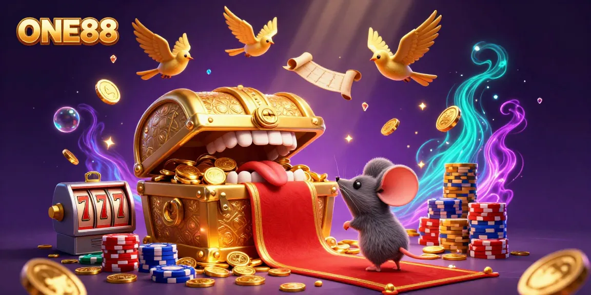 Engage with thrilling gaming action at ONE88 as adventurer mice are attracted to a golden treasure chest.