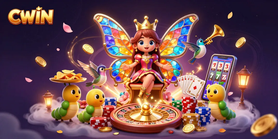 CWIN offers an exciting gambling experience with a vibrant 3D scene featuring colorful casino elements and a butterfly queen.
