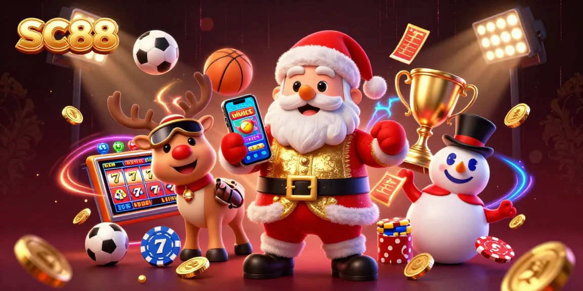 Experience SC88's jackpot excitement with Santa, dealer reindeer, and poker chip snowman in a dynamic casino scene.