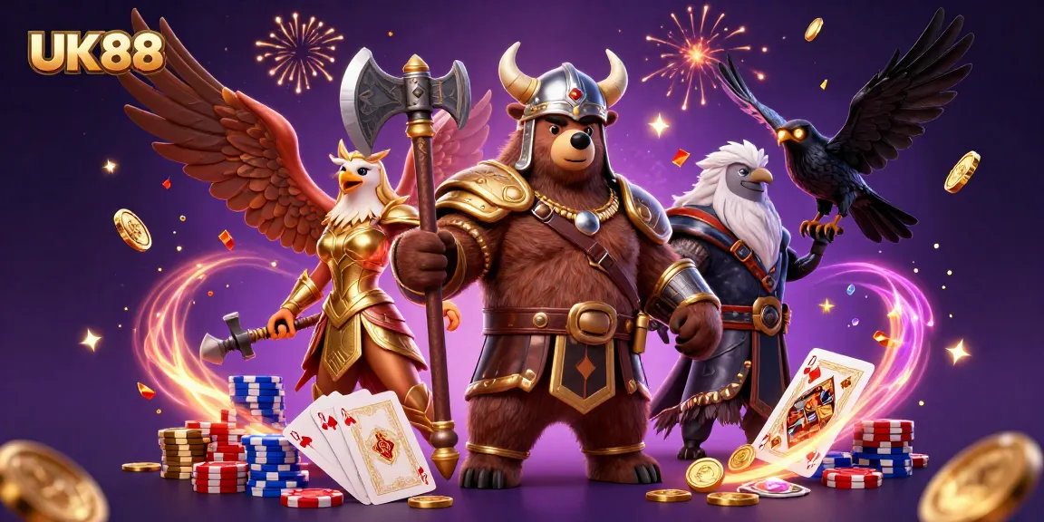 Engage in thrilling gameplay at UK88 with vibrant Viking characters and dynamic casino elements.