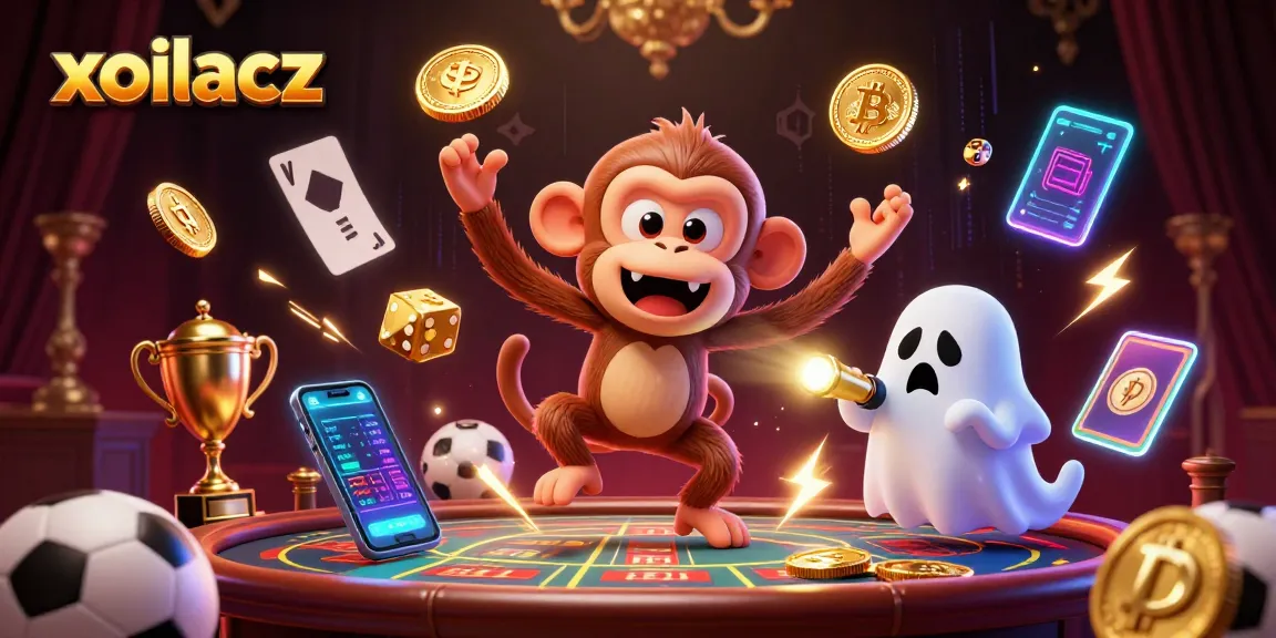 Exciting scene with xoilacz showcasing a mischievous monkey juggling golden objects in a haunted casino while a puppy tracks it.