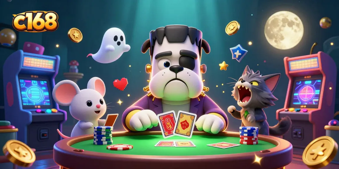 Deal cards with c168 as a Frankenstein bulldog at a spooky green-lit table in this vibrant casino scene.