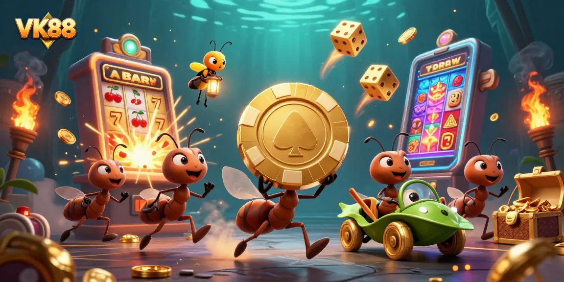 VK88 showcases ants heisting a giant poker chip amid a vibrant casino explosion.