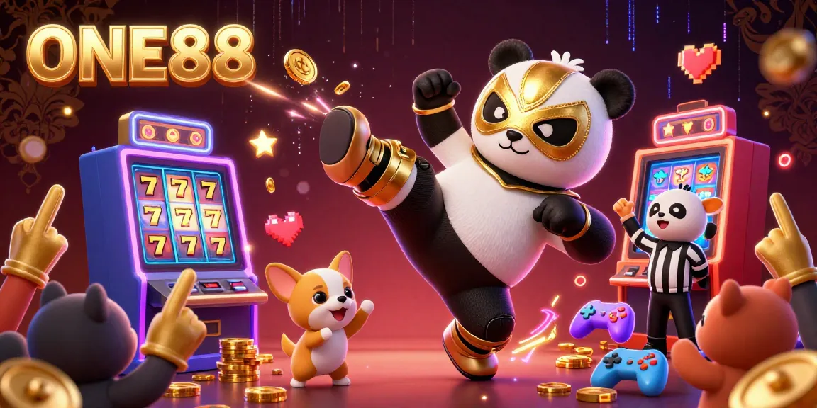 Witness thrilling action in ONE88 as a panda wrestler kicks with excitement among slot machine jubilation.
